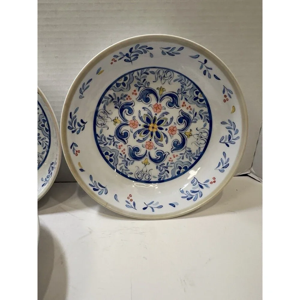 Melamine Pasta Bowls Mediterranean Print Blue Yellow On White Tan Rim Set of 4